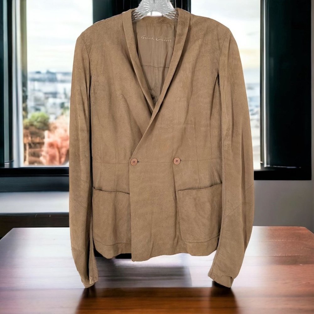 RICK OWENS Tan Leather & Knit Casual Blazer Jacket Size Medium